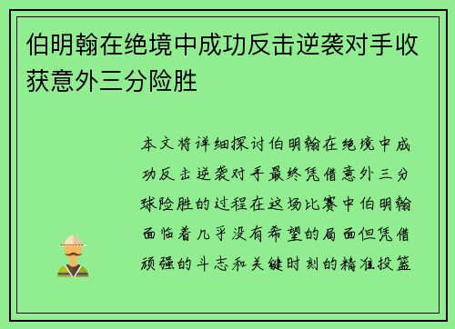 伯明翰在绝境中成功反击逆袭对手收获意外三分险胜