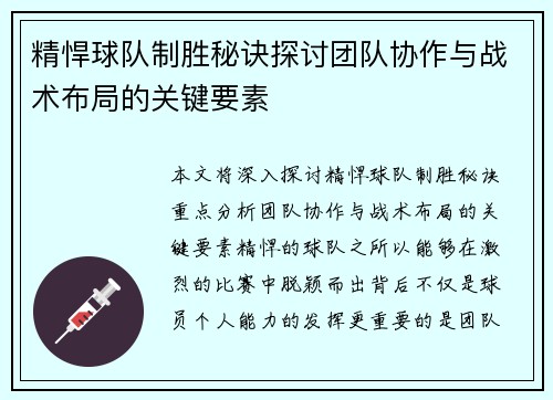精悍球队制胜秘诀探讨团队协作与战术布局的关键要素