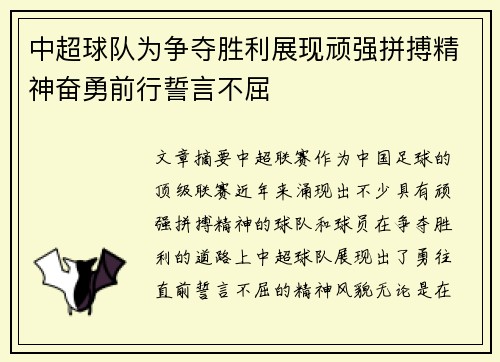 中超球队为争夺胜利展现顽强拼搏精神奋勇前行誓言不屈