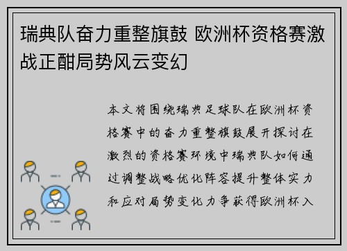 瑞典队奋力重整旗鼓 欧洲杯资格赛激战正酣局势风云变幻