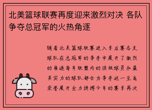 北美篮球联赛再度迎来激烈对决 各队争夺总冠军的火热角逐