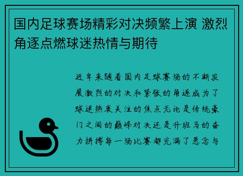 国内足球赛场精彩对决频繁上演 激烈角逐点燃球迷热情与期待