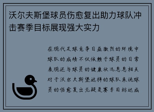 沃尔夫斯堡球员伤愈复出助力球队冲击赛季目标展现强大实力