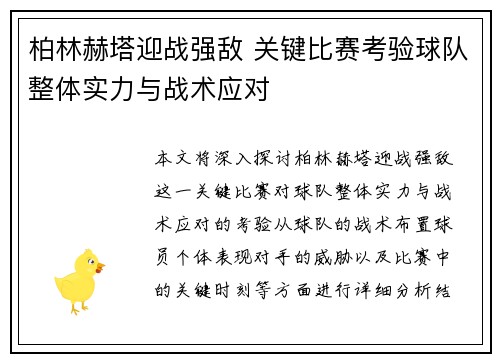 柏林赫塔迎战强敌 关键比赛考验球队整体实力与战术应对