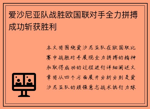 爱沙尼亚队战胜欧国联对手全力拼搏成功斩获胜利