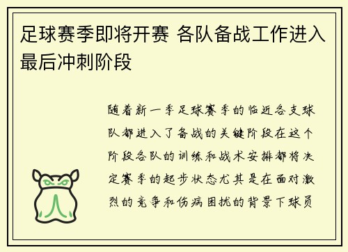 足球赛季即将开赛 各队备战工作进入最后冲刺阶段