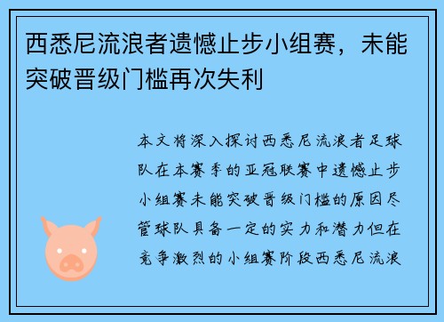 西悉尼流浪者遗憾止步小组赛，未能突破晋级门槛再次失利