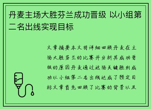 丹麦主场大胜芬兰成功晋级 以小组第二名出线实现目标