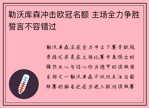 勒沃库森冲击欧冠名额 主场全力争胜誓言不容错过